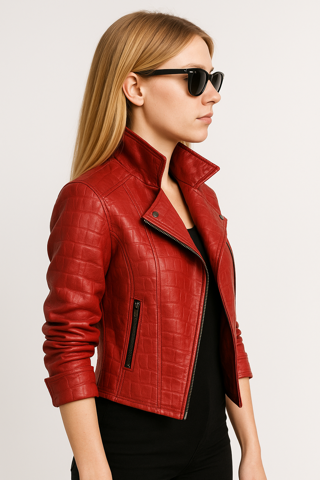 Crocodile Effect Moto Jacket in Vibrant Red