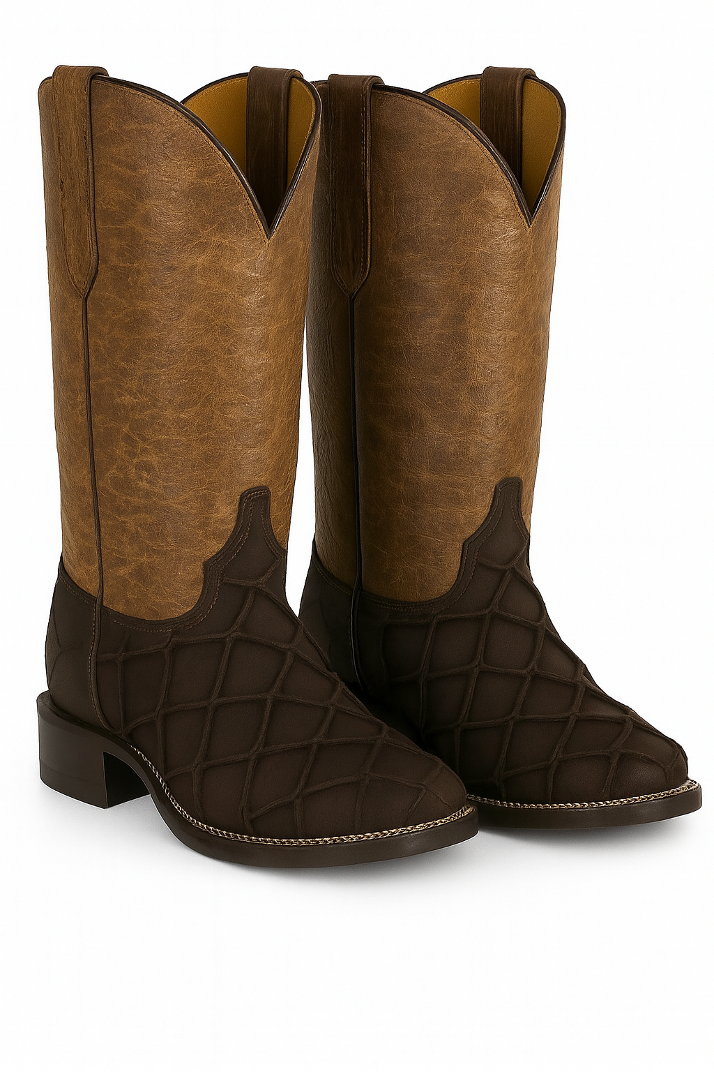 Men’s Pirarucu & Cowhide Western Boots – Embossed Exotic Leather, Square Toe
