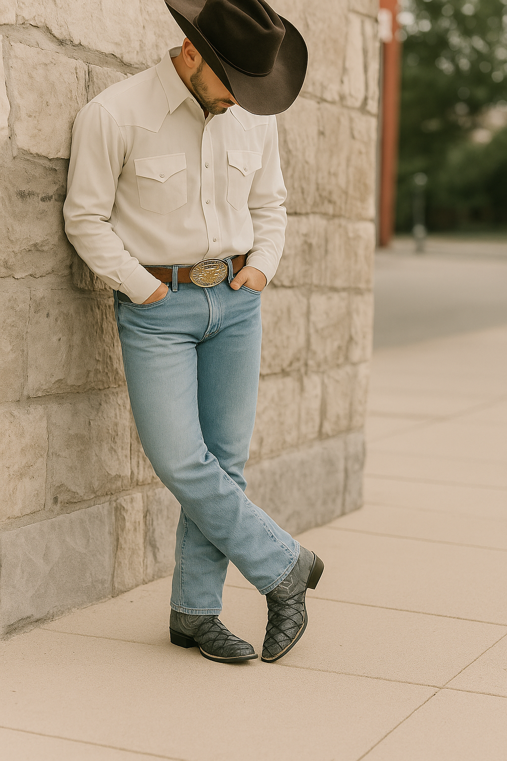Black Embossed Pirarucu Leather Cowboy Boots with Distressed Shaft amarillo