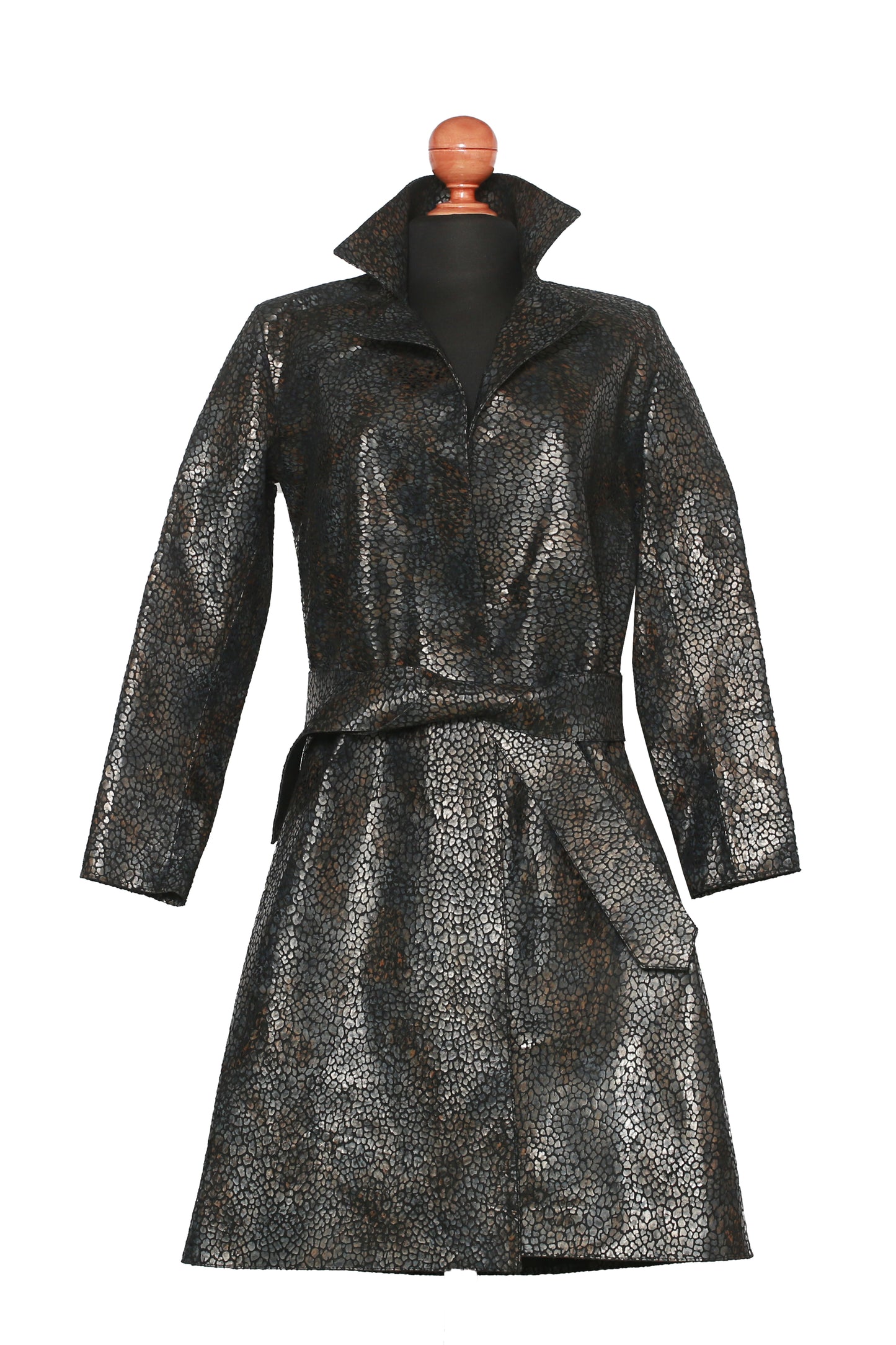 Black Jungle Texture Overcoat – Dark Animal Print Leather Statement Coat