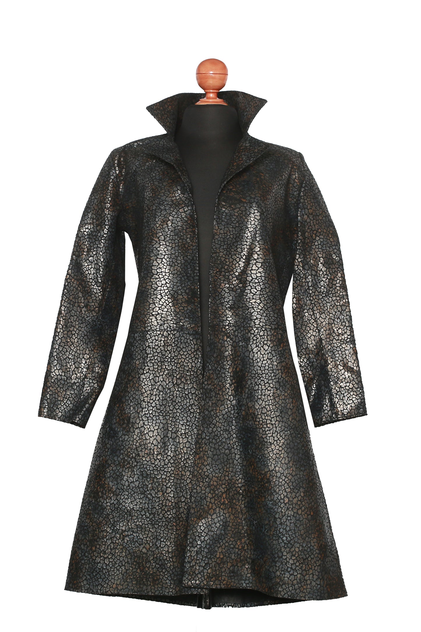 Black Jungle Texture Overcoat – Dark Animal Print Leather Statement Coat california