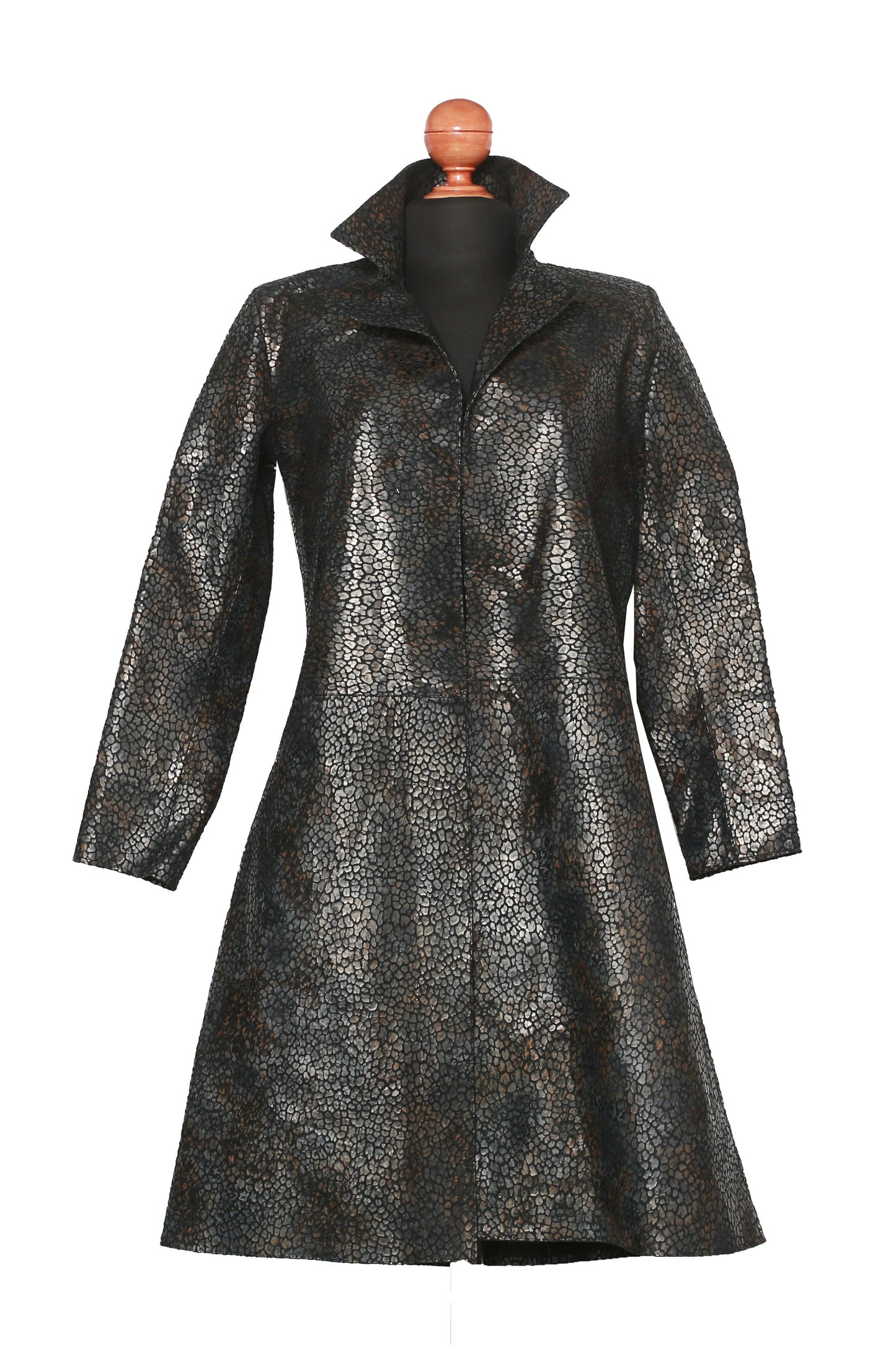 Black Jungle Texture Overcoat – Dark Animal Print Leather Statement Coat texas