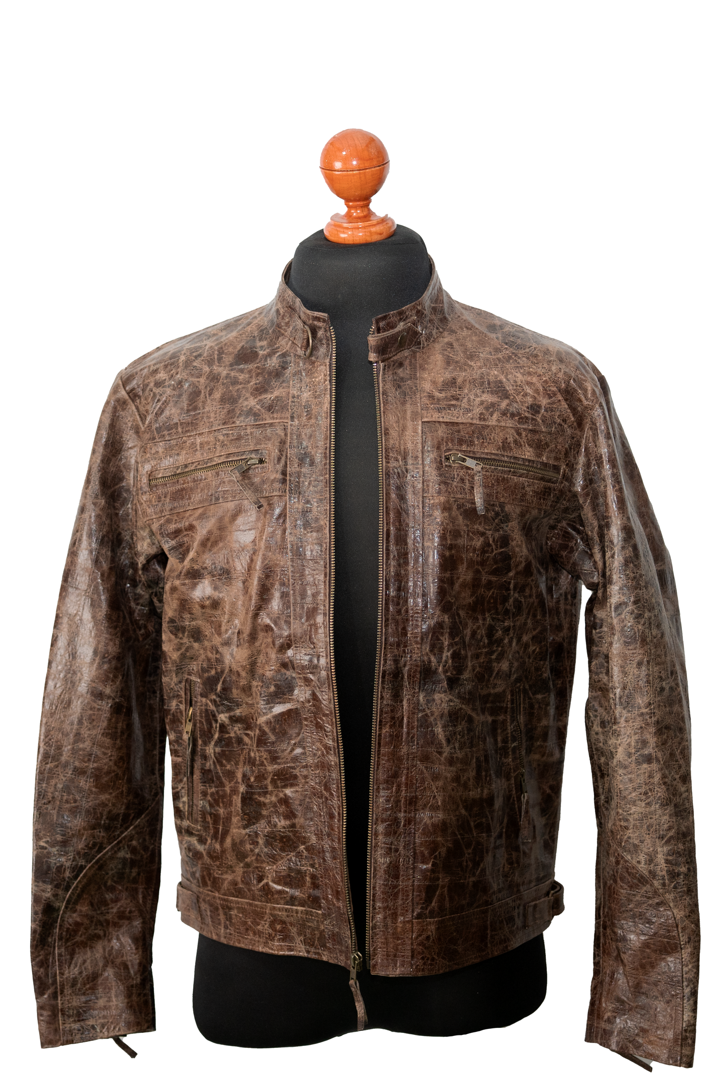 Burnished Effect Leather Rider Jacket – Distressed Gloss Brown Finish near me