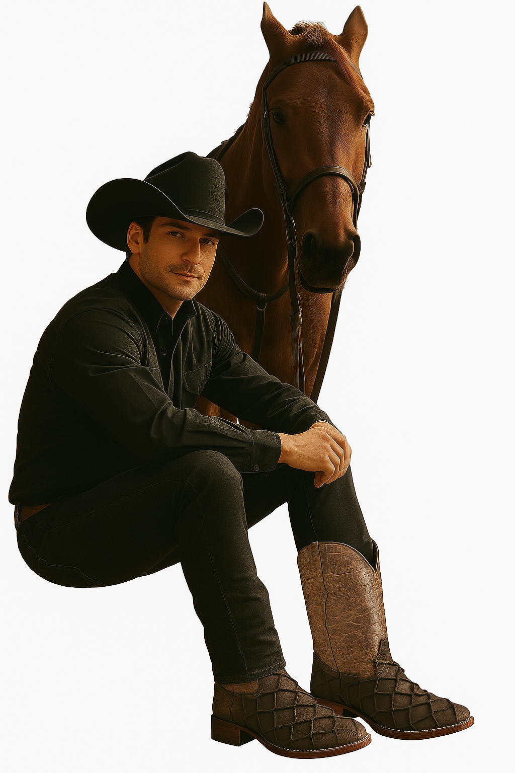 Men’s Pirarucu & Cowhide Western Boots – Embossed Exotic Leather, Square Toe
