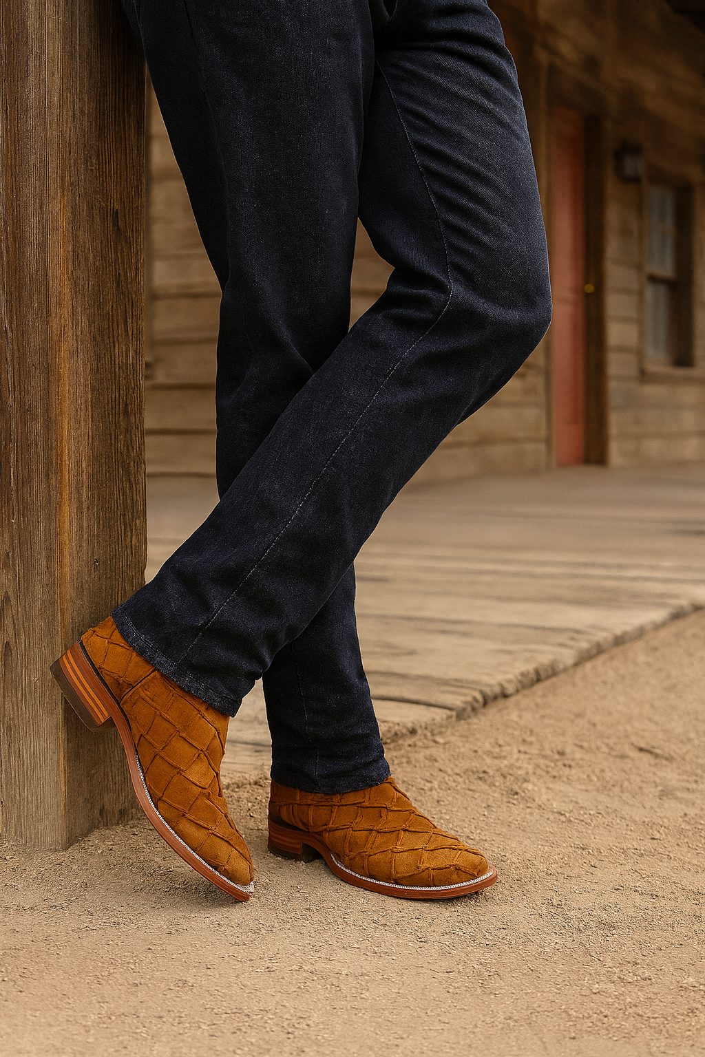 Pirarucu-embossed cowboy boots with leather crafted to look genuine. Premium exotic style and durable Western design.