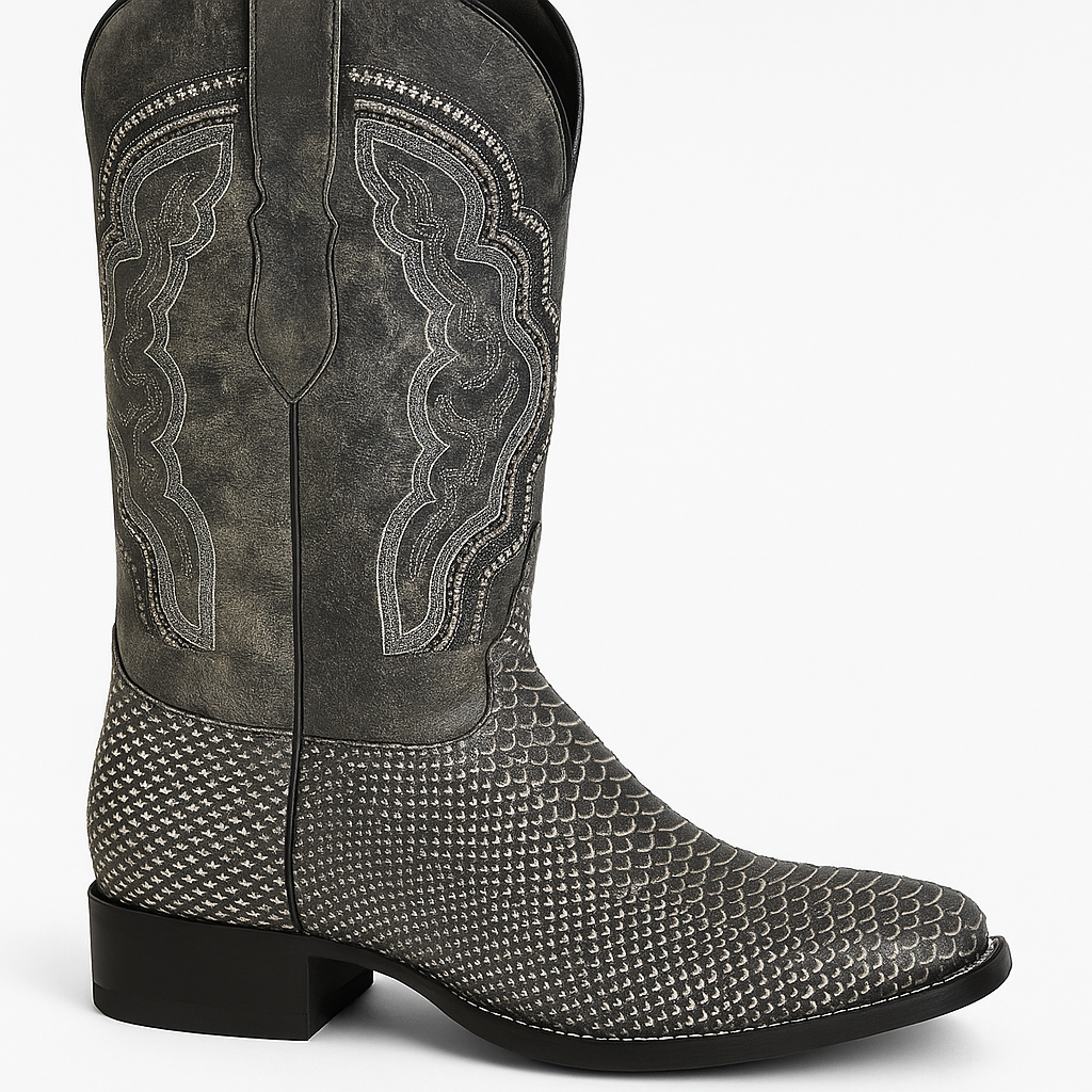 Vintage Gray Embossed Snake-Pattern Cowboy Boots