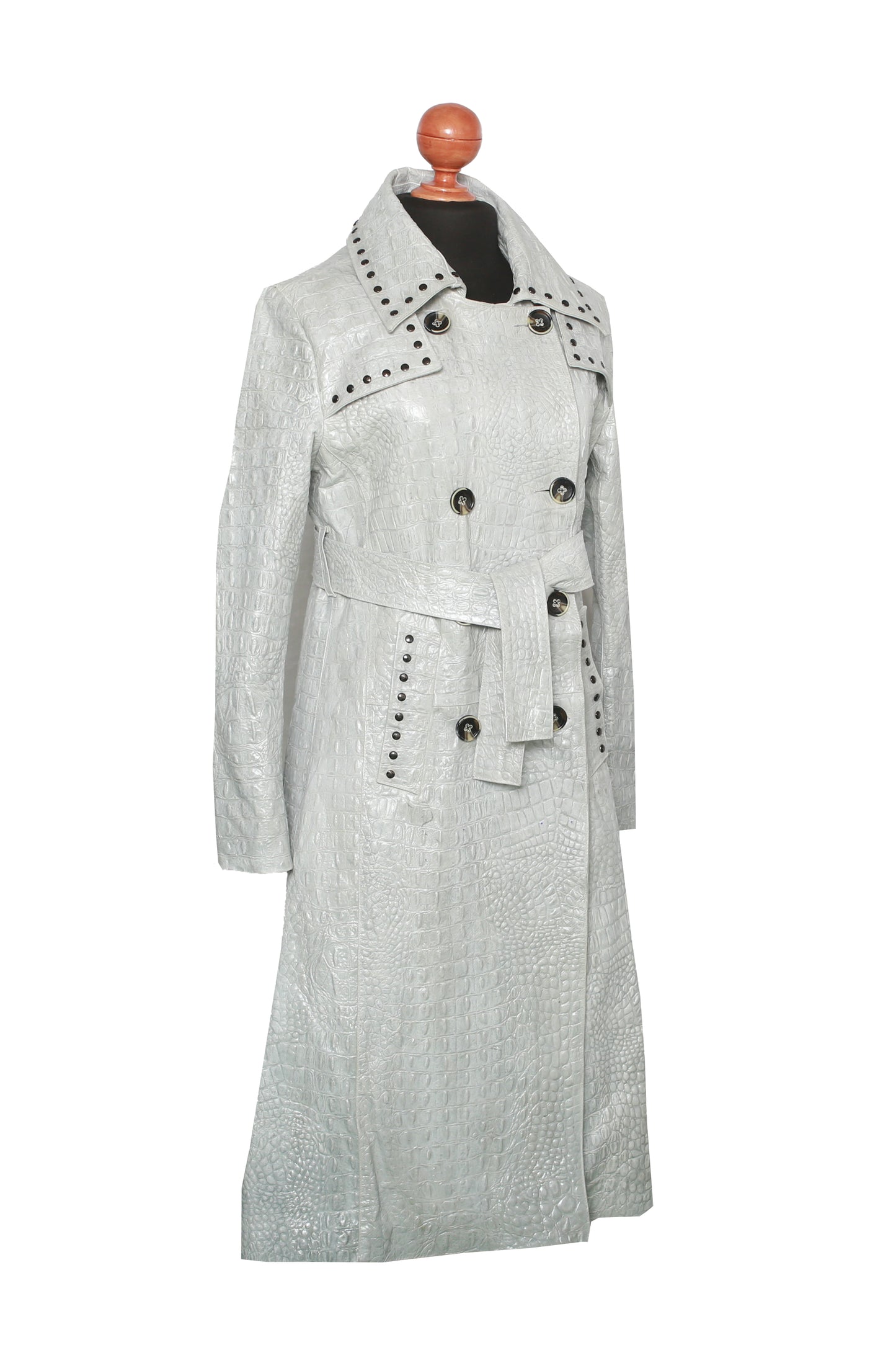 Crocodile Embossed Leather Trench – Studded Detail in Soft Gray california