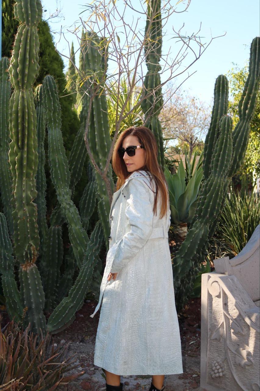 Crocodile Embossed Leather Trench – Studded Detail in Soft Gray dallas