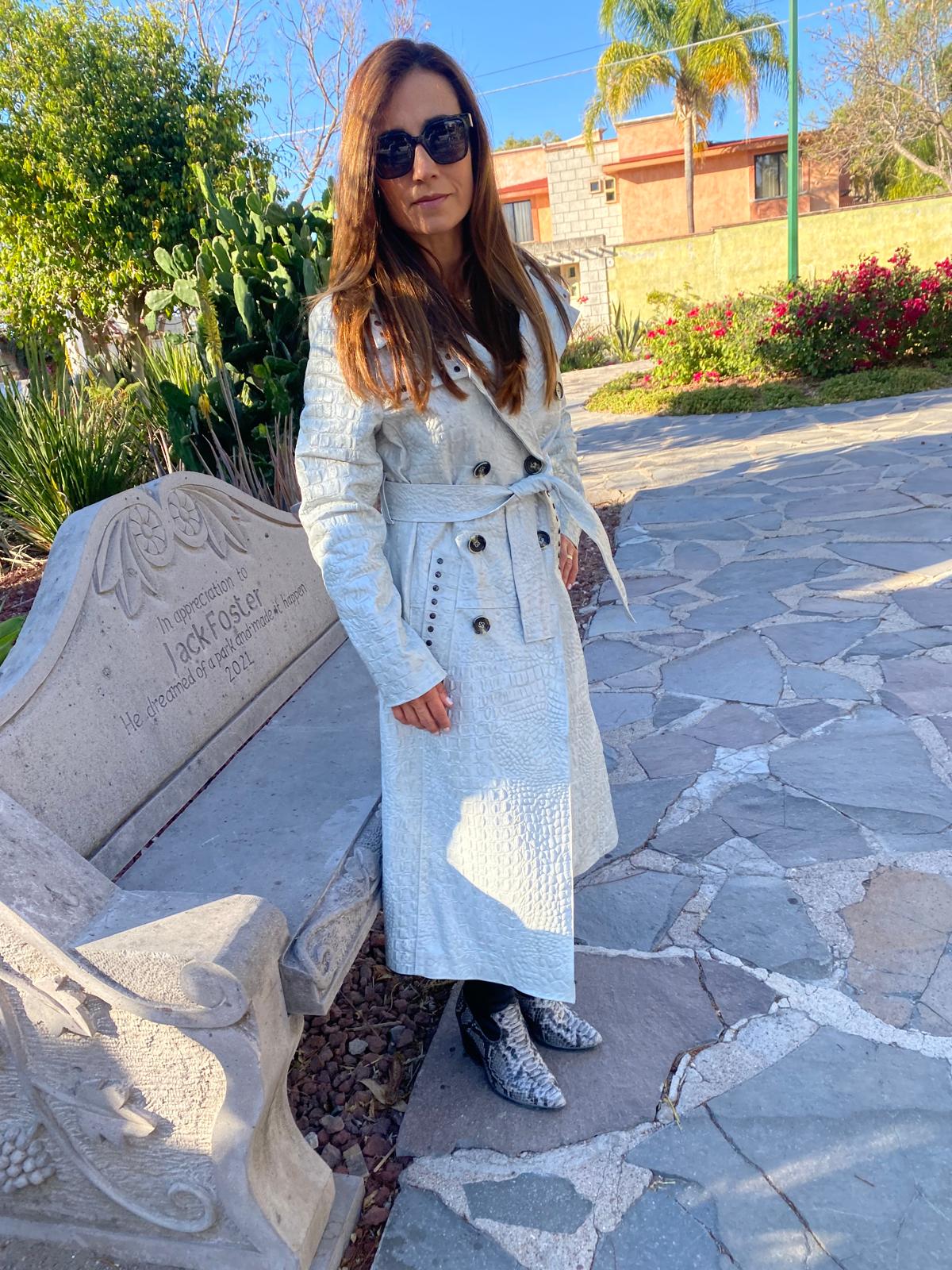 Crocodile Embossed Leather Trench – Studded Detail in Soft Gray nevada