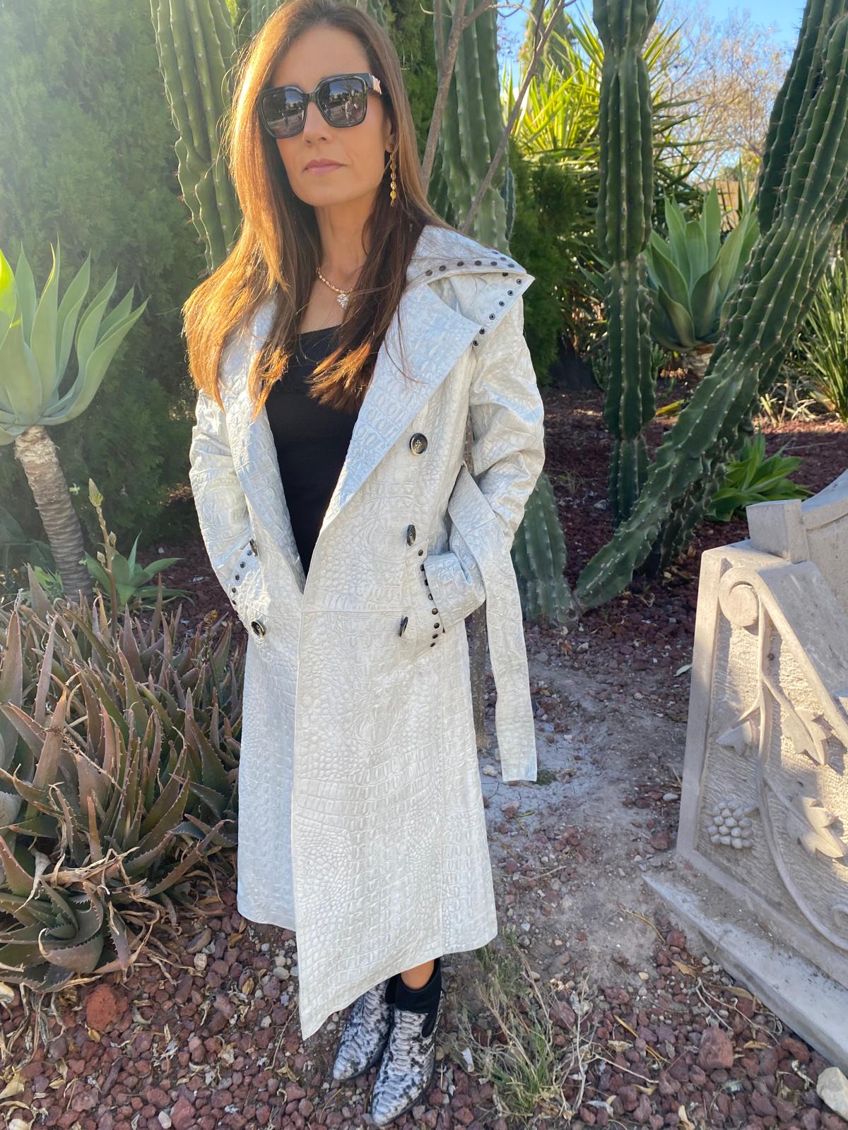 Crocodile Embossed Leather Trench – Studded Detail in Soft Gray new york