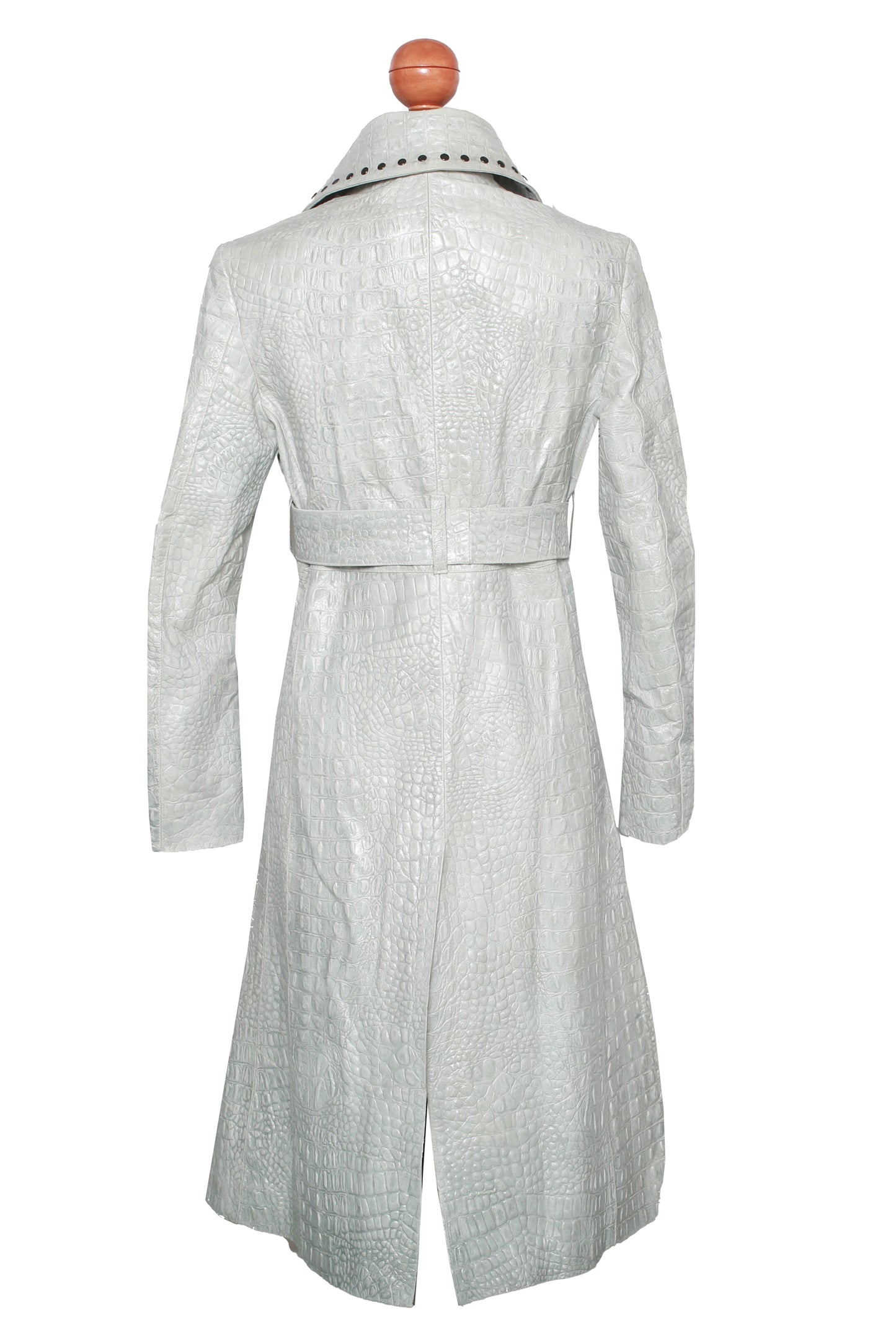 Crocodile Embossed Leather Trench – Studded Detail in Soft Gray texas