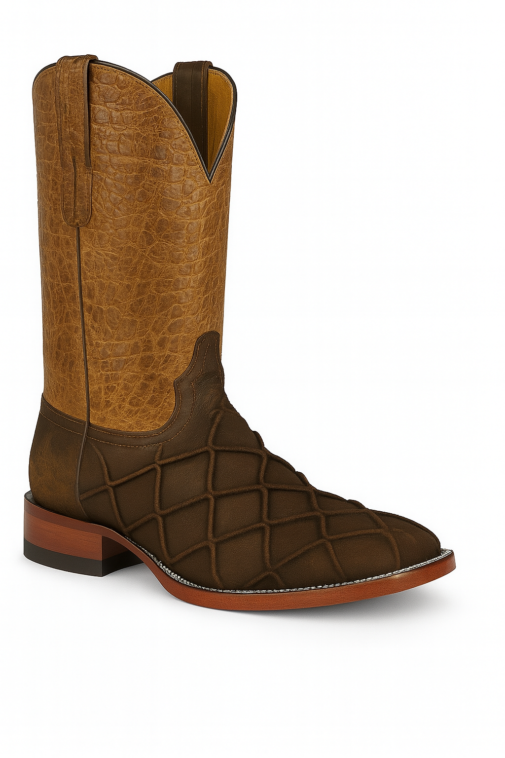 Men’s Pirarucu & Cowhide Western Boots – Embossed Exotic Leather, Square Toe