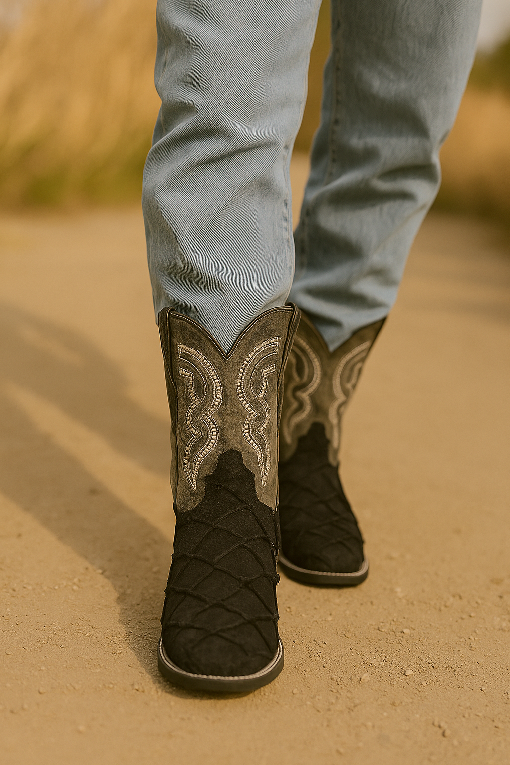 Black Embossed Pirarucu Leather Cowboy Boots with Distressed Shaft