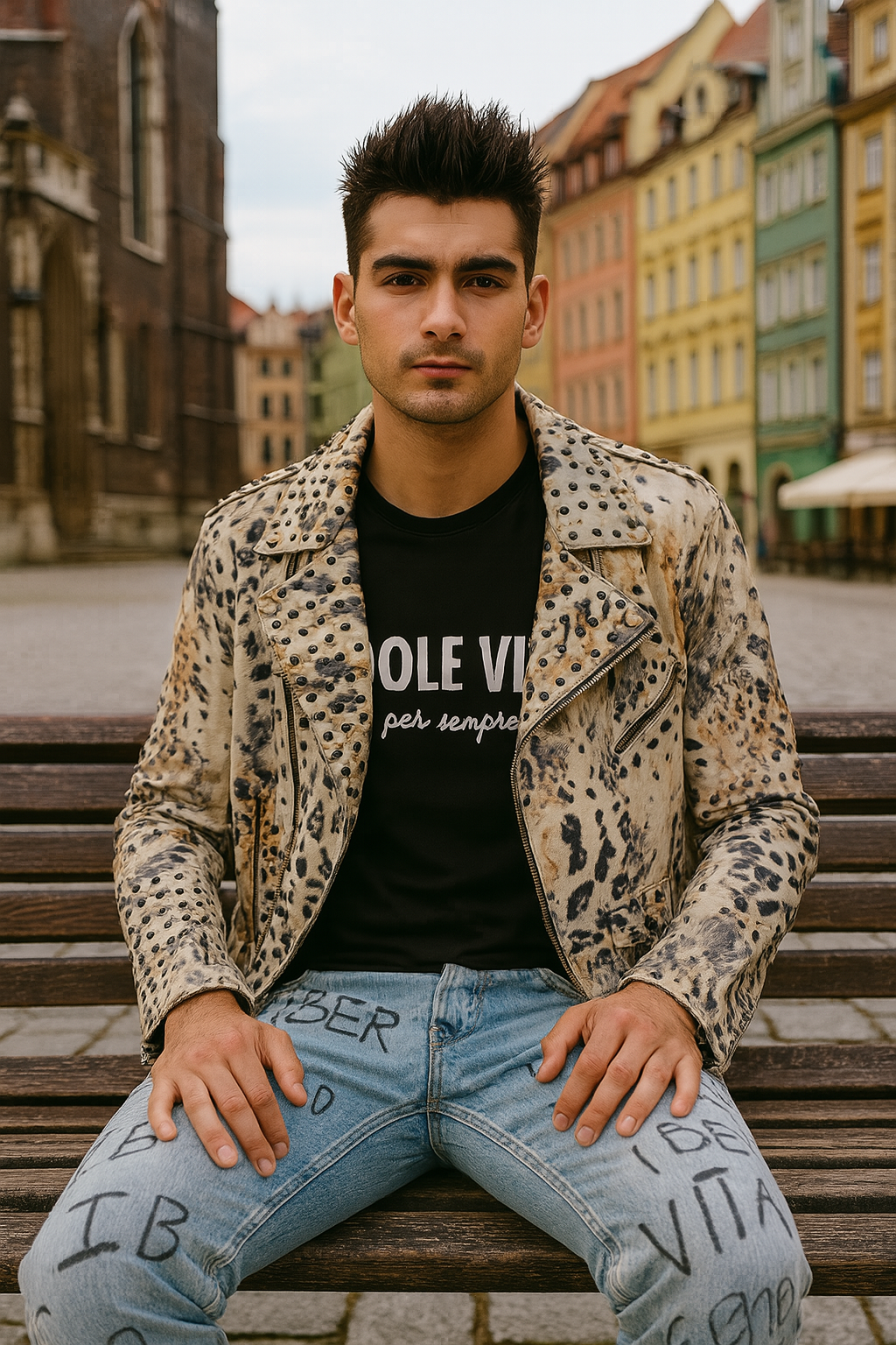 Distinctive Leopard-Pattern Leather Jacket with Stud Accents