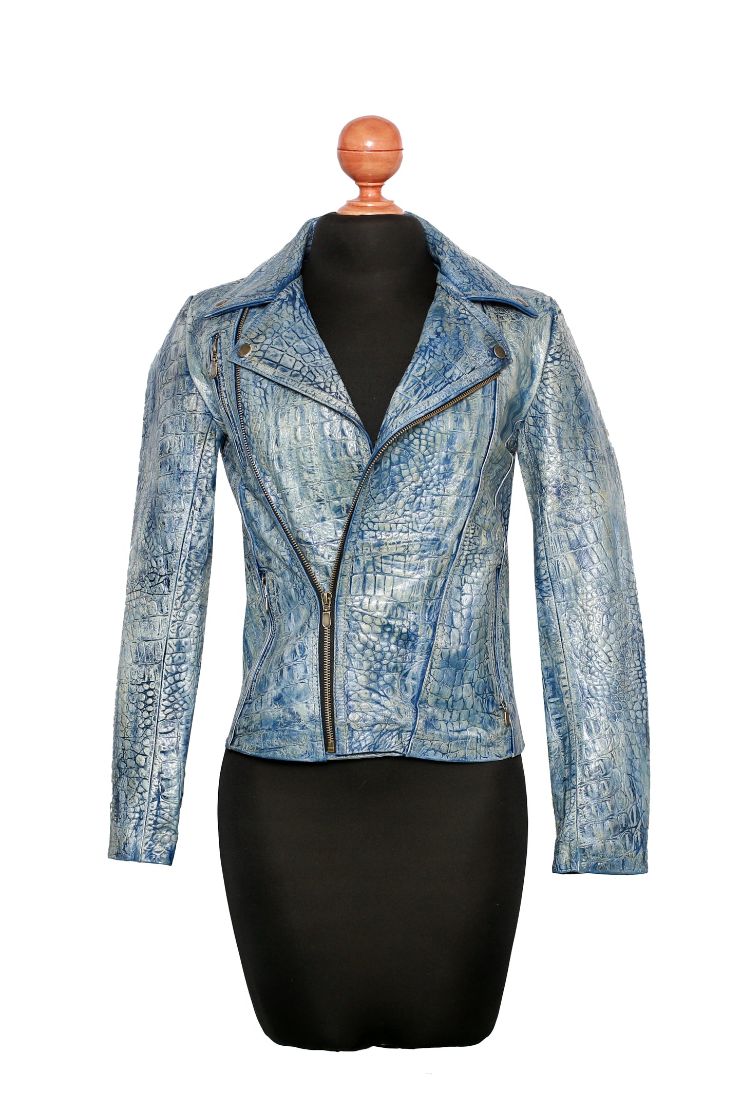 Distressed Blue Biker Jacket – Pearl-Wash Crocodile Embossed Leather