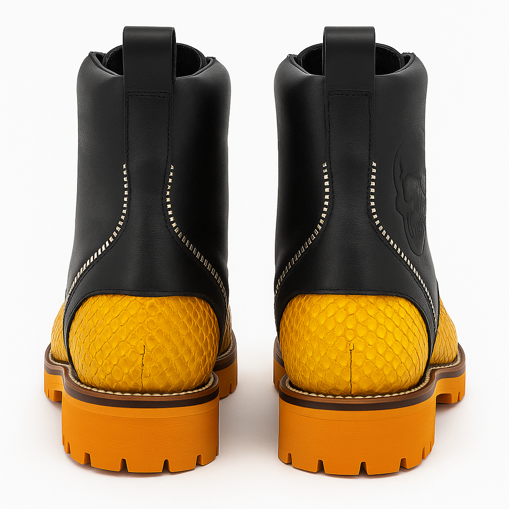 Designer Python Combat Boots with Skull Embossing