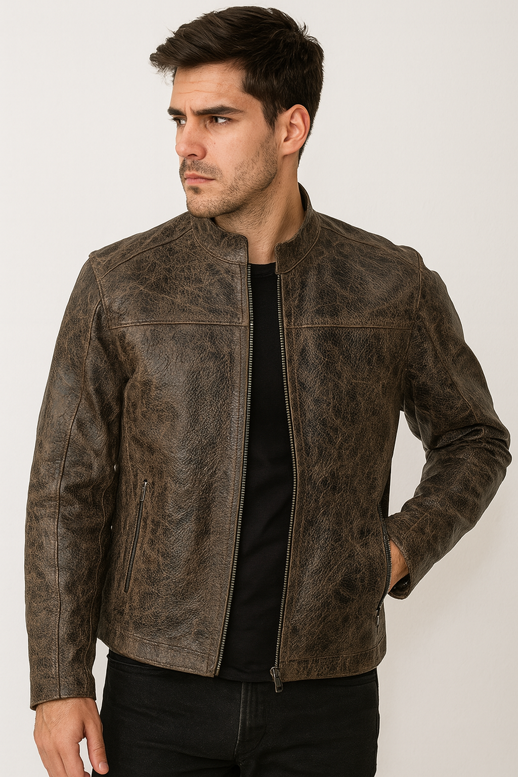 Rustic Charcoal-Brown Leather Moto Jacket,embossed