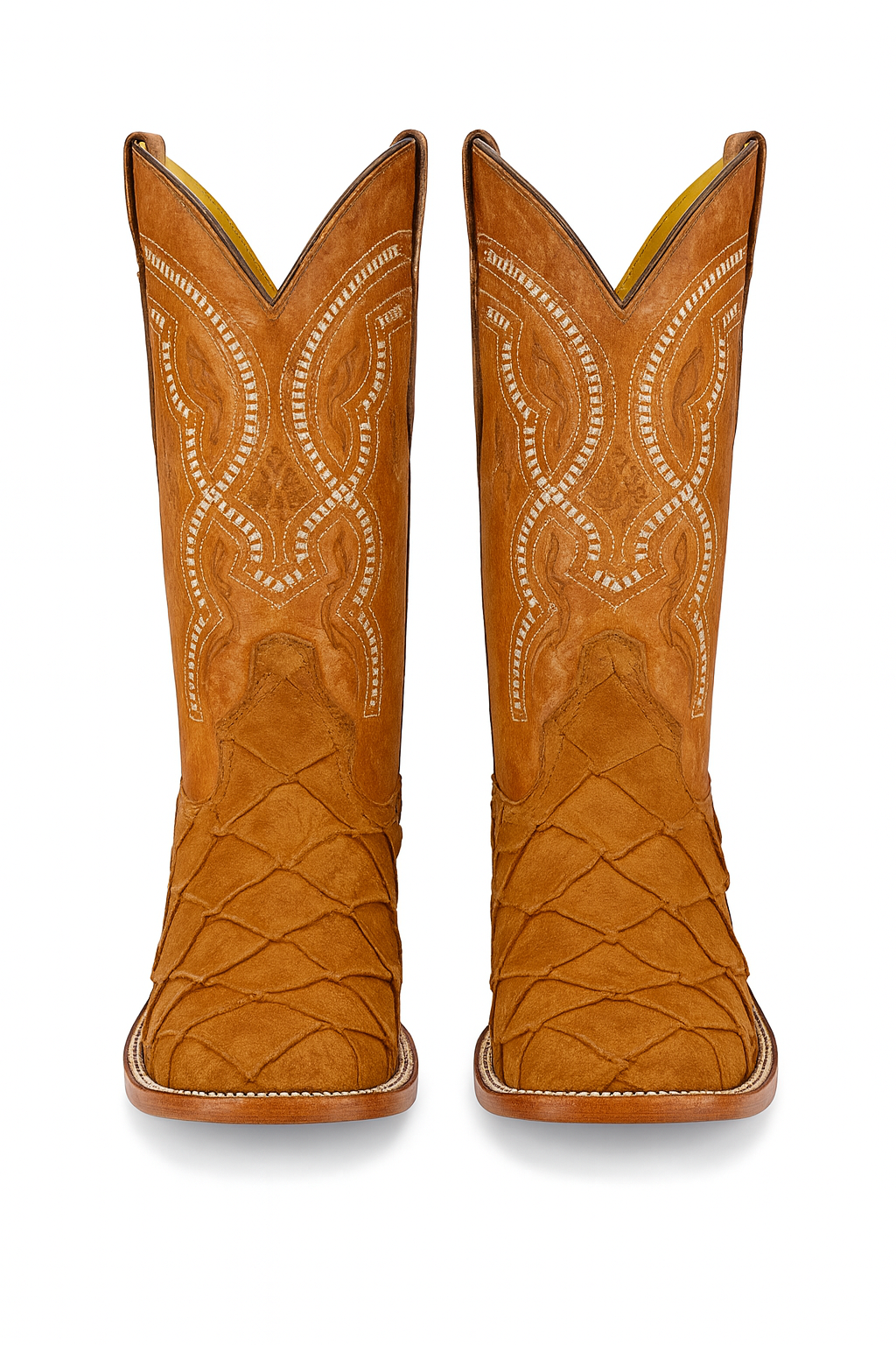 Pirarucu-embossed cowboy boots with leather crafted to look genuine. Premium exotic style and durable Western design.