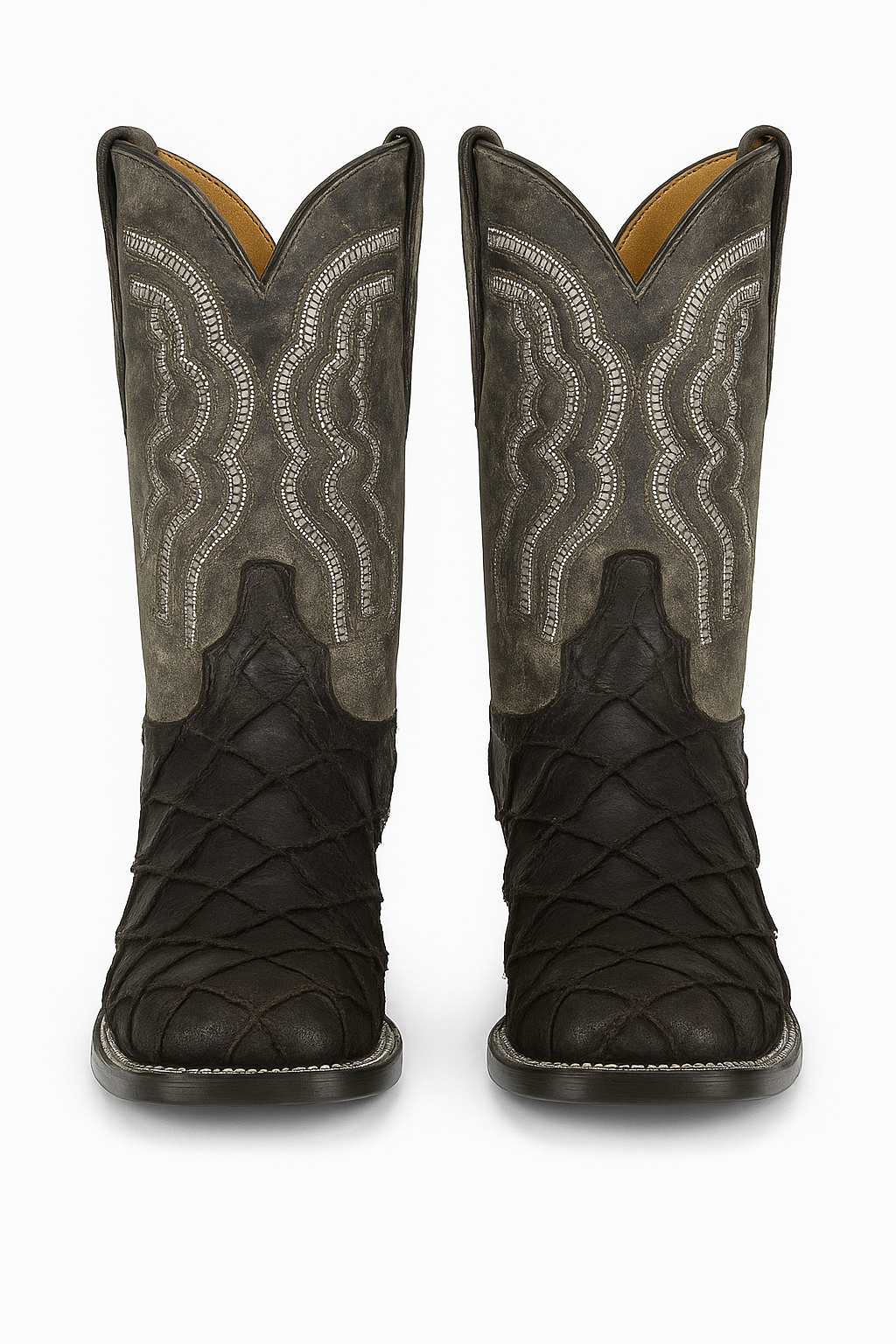 Black Embossed Pirarucu Leather Cowboy Boots with Distressed Shaft