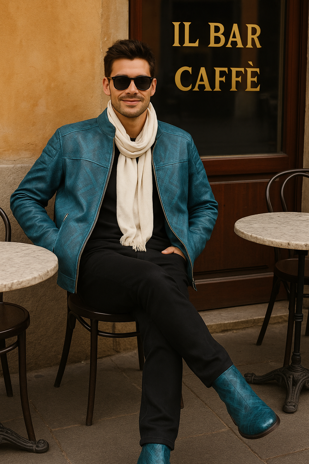Teal Snake-Textured Leather Moto Jacket