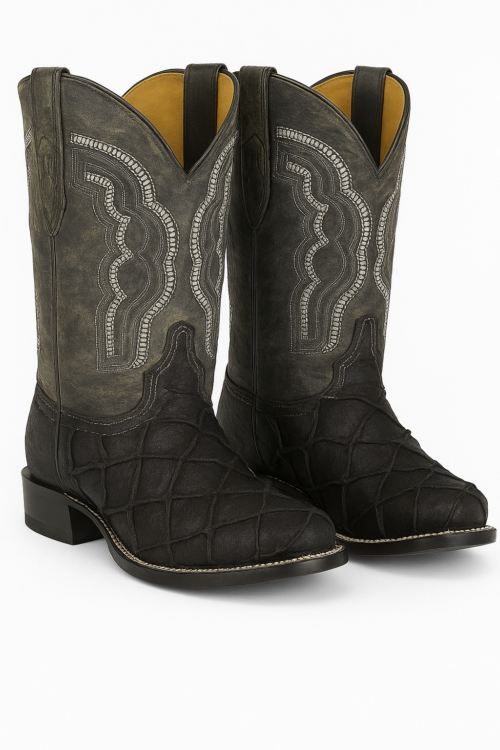 Black Embossed Pirarucu Leather Cowboy Boots with Distressed Shaft
