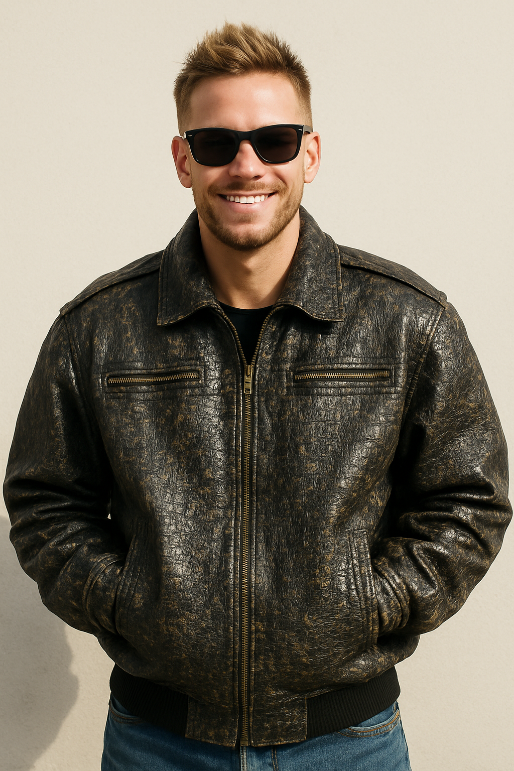 Crocodile Embossed Leather Jacket – Distressed Antique Finish, Vintage Bomber Style