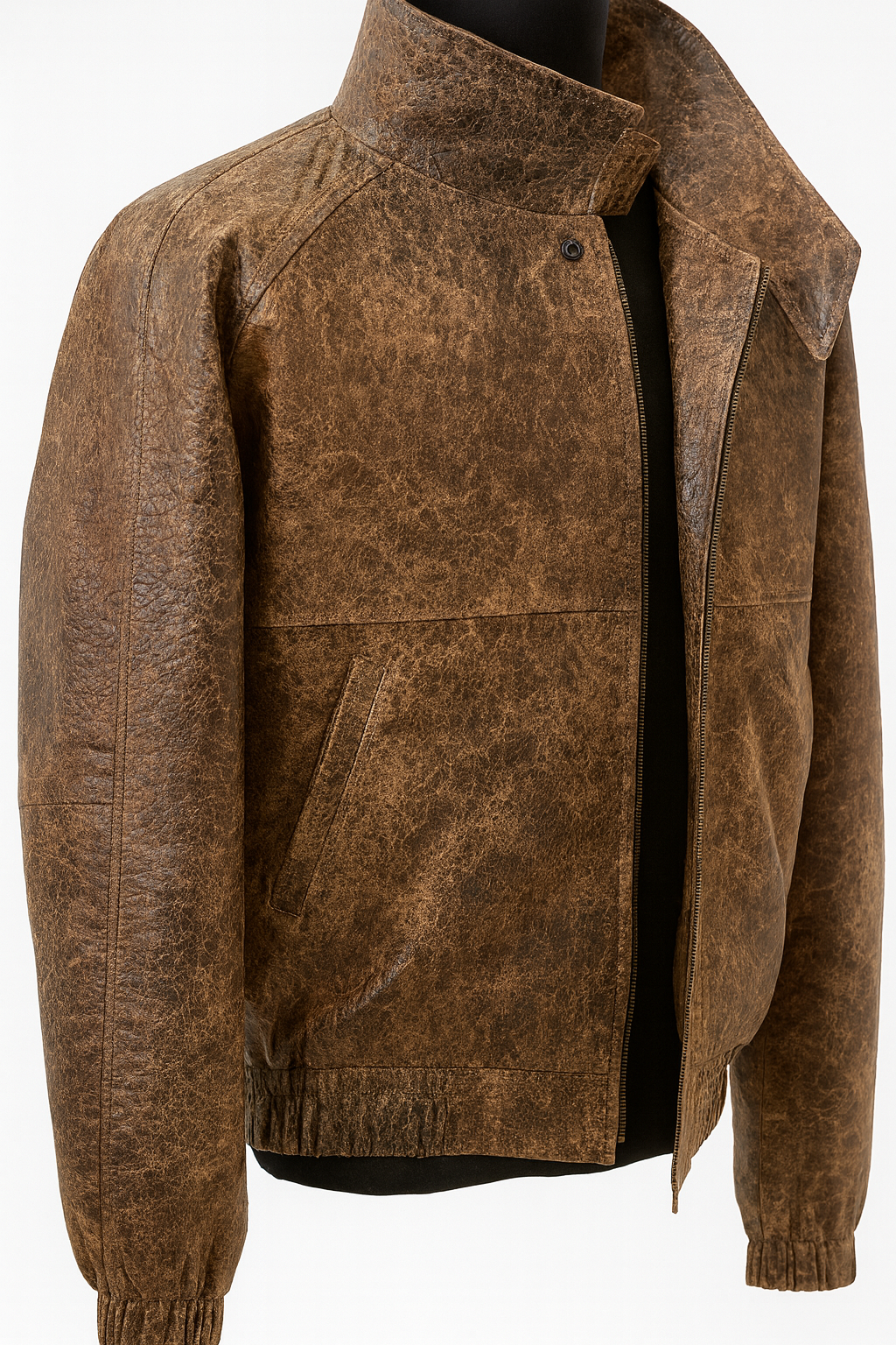 Distressed Antique Brown Leather Jacket – Vintage Oversized Bomber Style