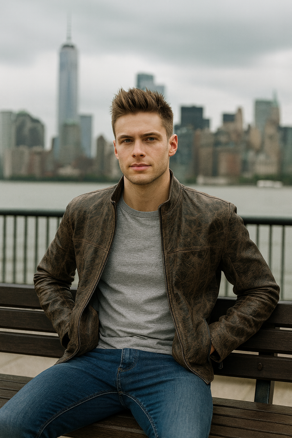 Rustic Charcoal-Brown Leather Moto Jacket,embossed