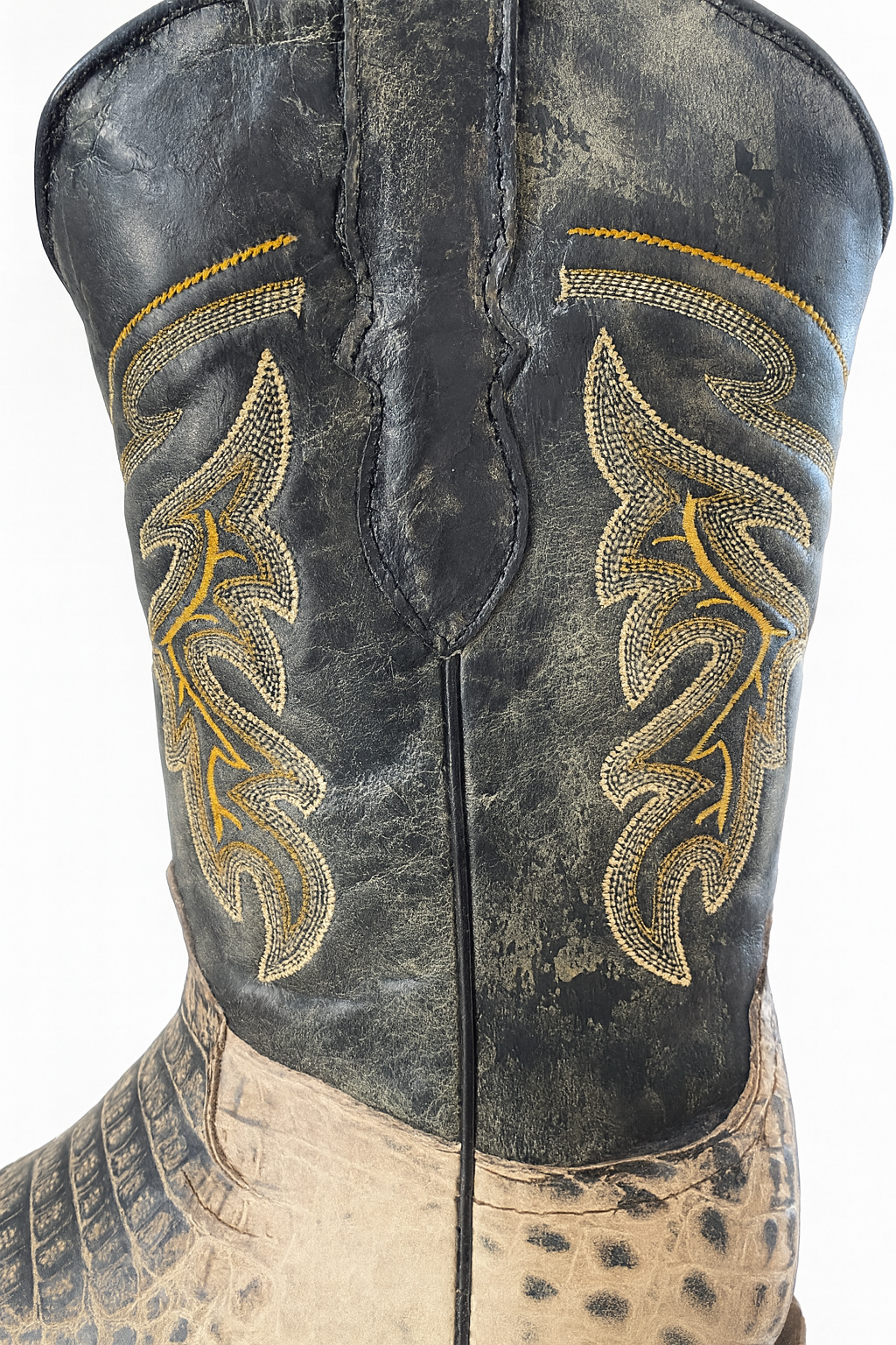 Distressed black western Boots with Crocodile Texture Vamp