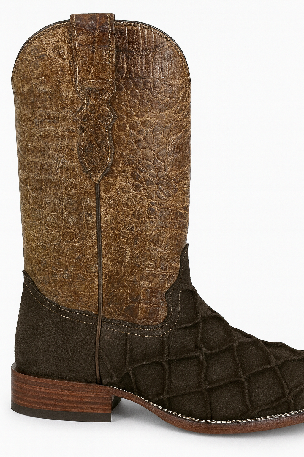 Men’s Pirarucu & Cowhide Western Boots – Embossed Exotic Leather, Square Toe