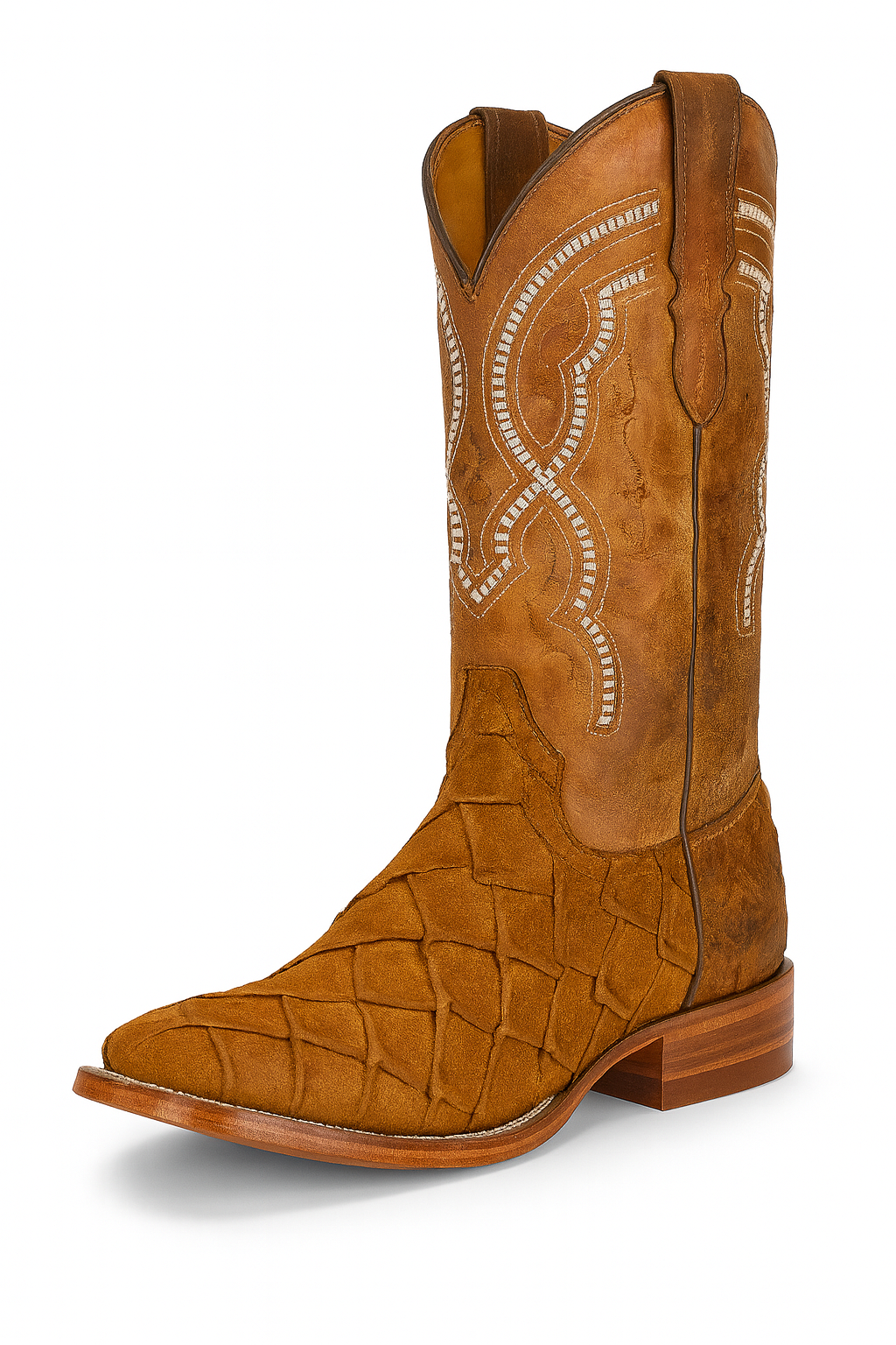 Pirarucu-embossed cowboy boots with leather crafted to look genuine. Premium exotic style and durable Western design.