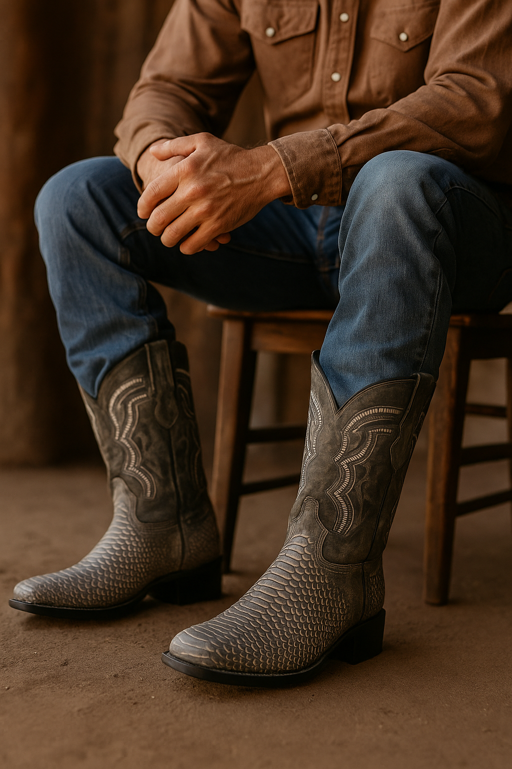 Vintage Gray Embossed Snake-Pattern Cowboy Boots