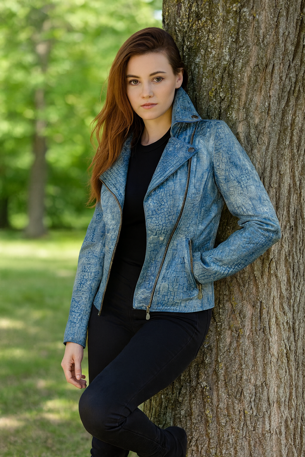 Distressed Blue Biker Jacket – Modern Elegance