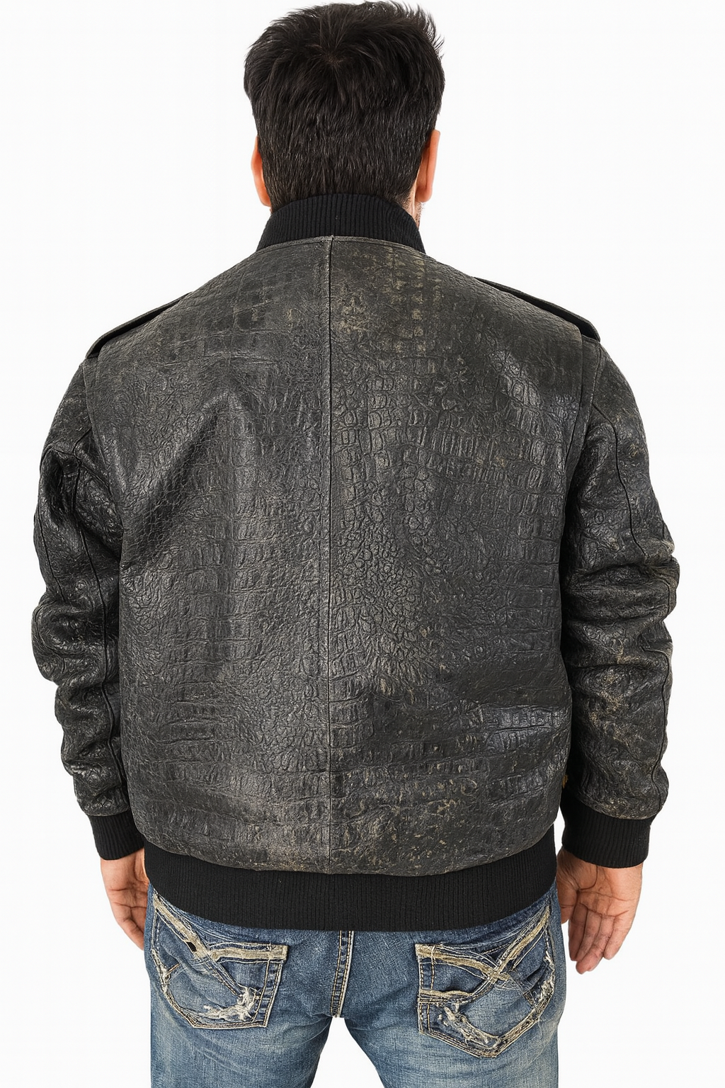 Crocodile Embossed Leather Jacket – Distressed Antique Finish, Vintage Bomber Style