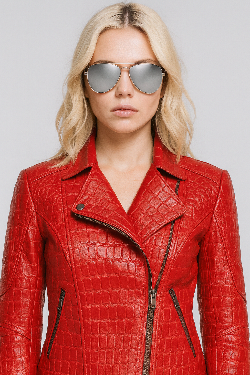 Crocodile Effect Moto Jacket in Vibrant Red