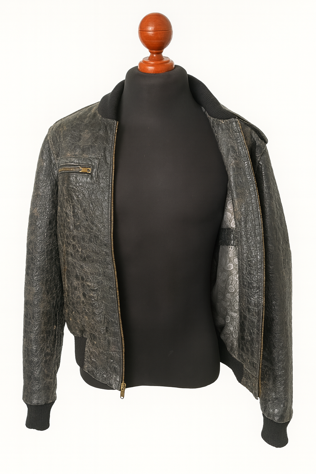 Crocodile Embossed Leather Jacket – Distressed Antique Finish, Vintage Bomber Style