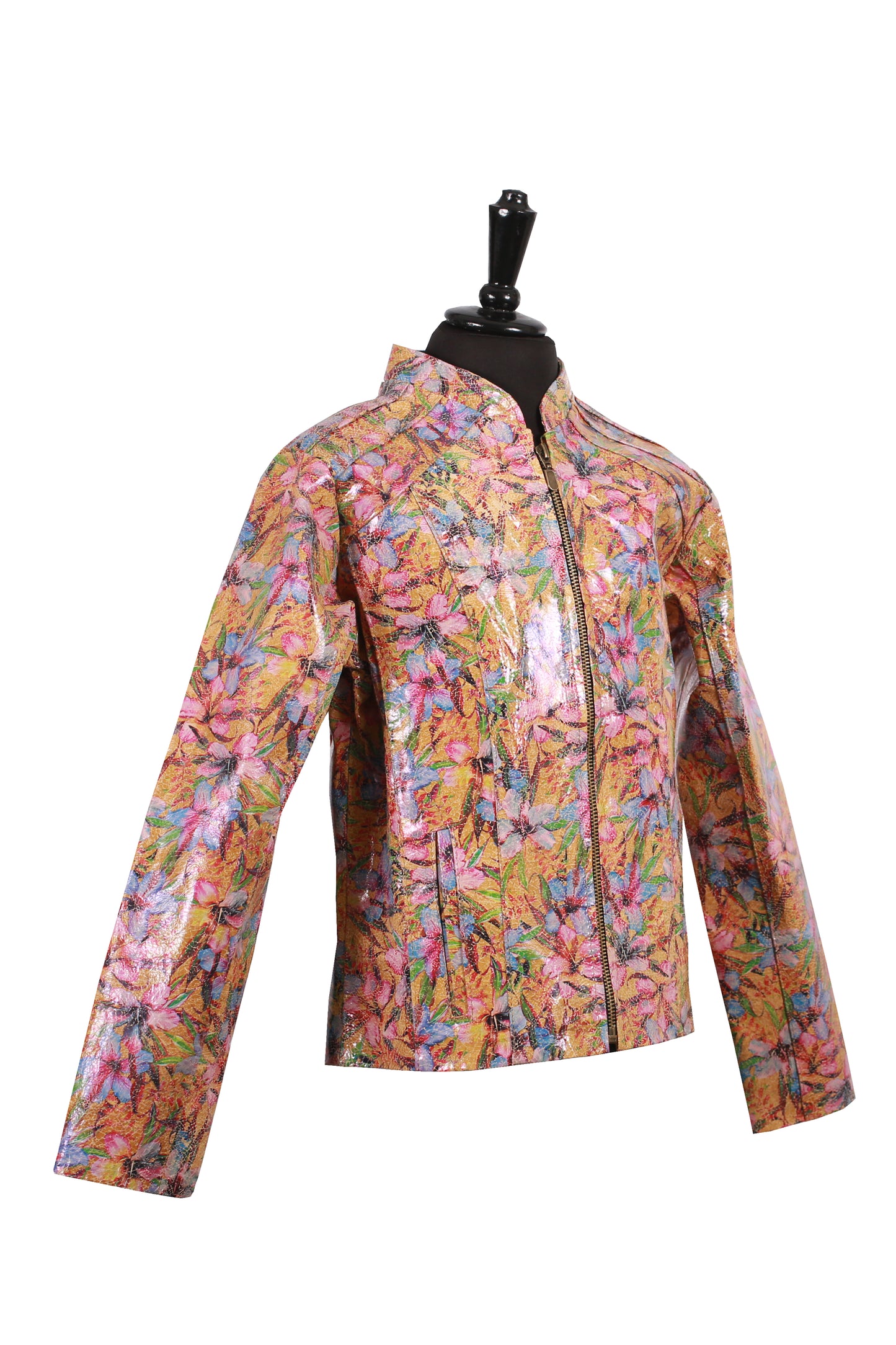 Girls Artistic Floral Pattern Leather Jacket – Glossy Statement Outerwear near me