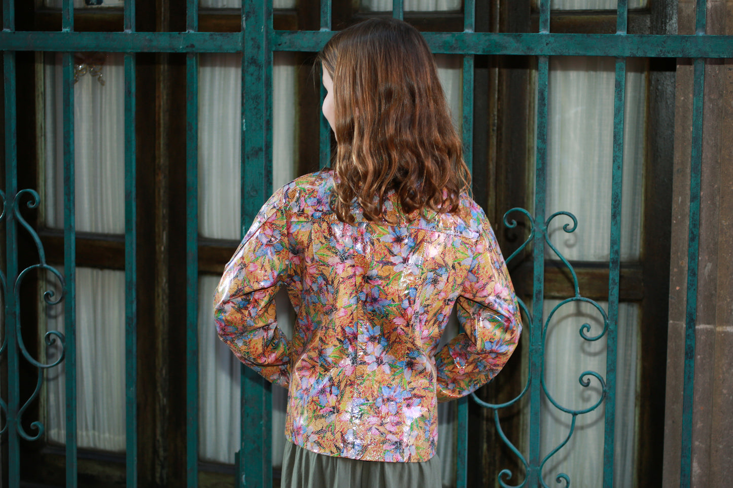 Girls Artistic Floral Pattern Leather Jacket dallas