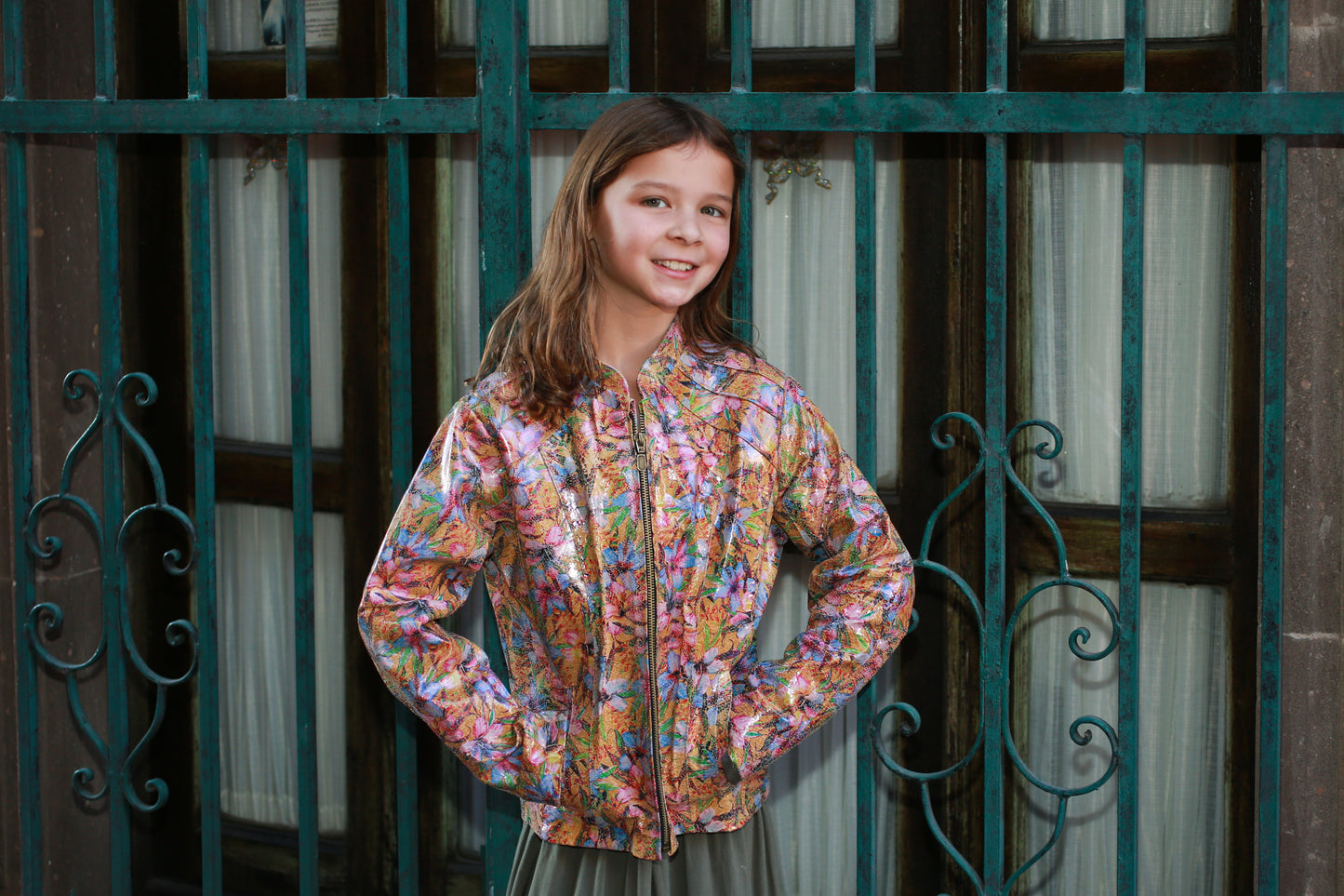 Girls Artistic Floral Pattern Leather Jacket toronto
