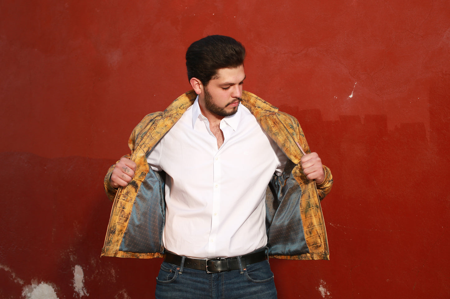 Golden Reptile Leather Bomber Jacket for Men california