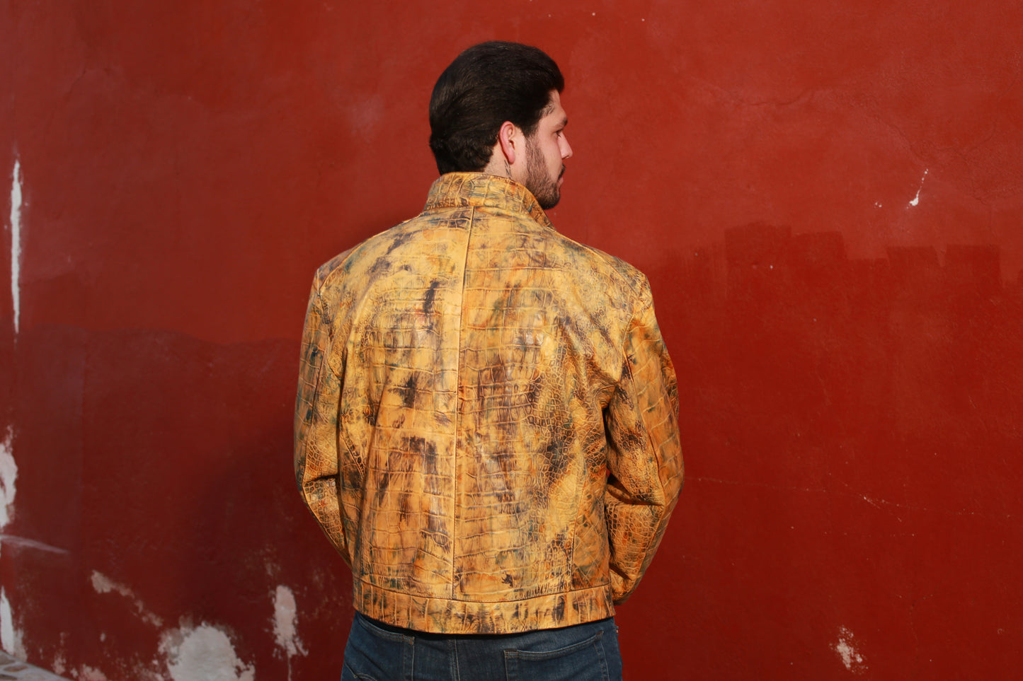 Golden Reptile Leather Bomber Jacket for Men dallas