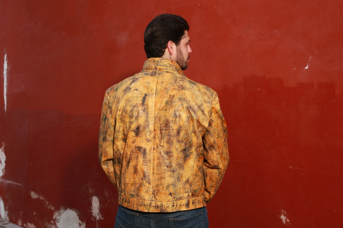 Golden Reptile Leather Bomber Jacket for Men dallas