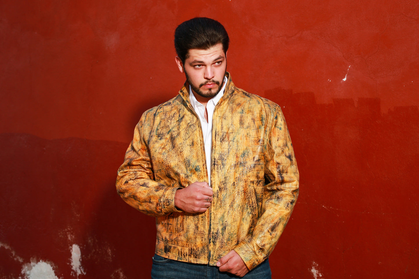 Golden Reptile Leather Bomber Jacket for Men texas
