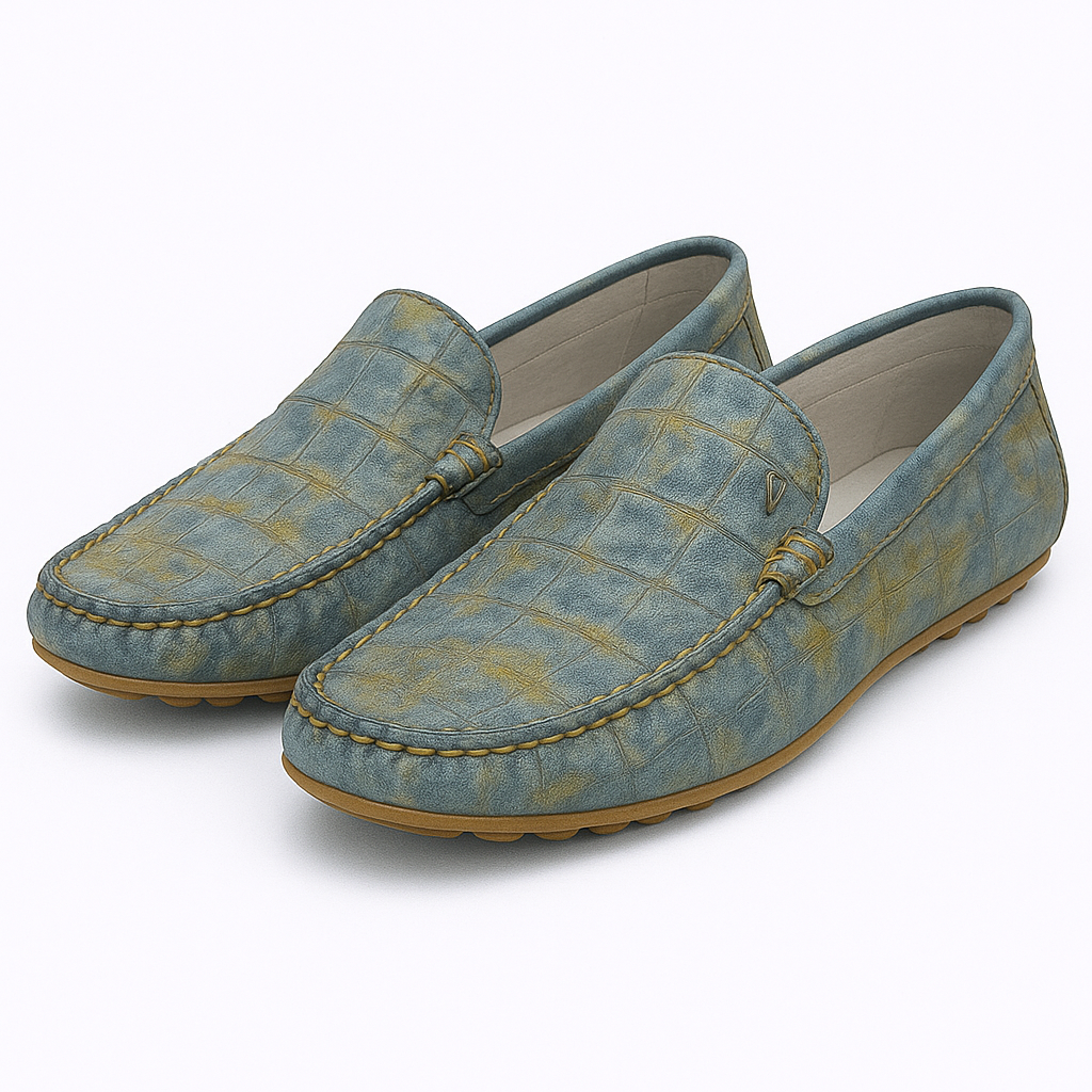 Hand-Finished Exotic Pattern Loafers – Blue & Gold Crocodile-Embossed Leather