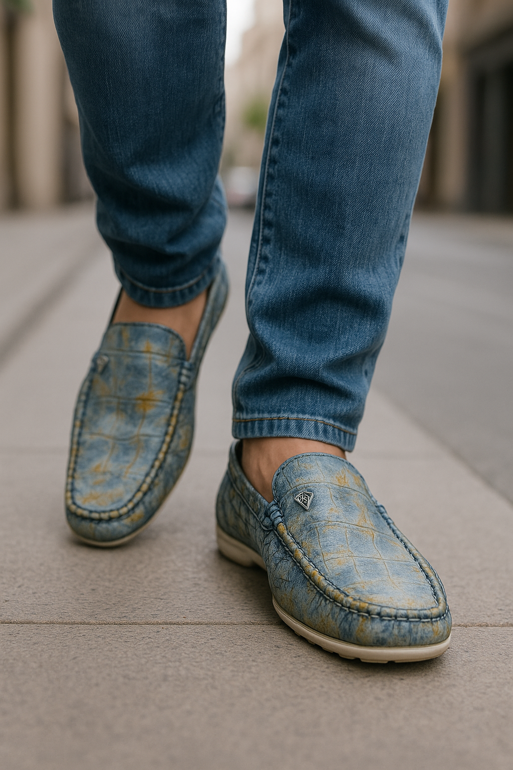 Hand-Finished Exotic Pattern Loafers – Blue & Gold Crocodile-Embossed Leather amarillo