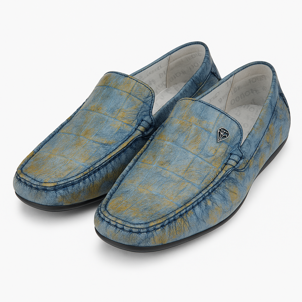 Hand-Finished Exotic Pattern Loafers – Blue & Gold Crocodile-Embossed Leather online