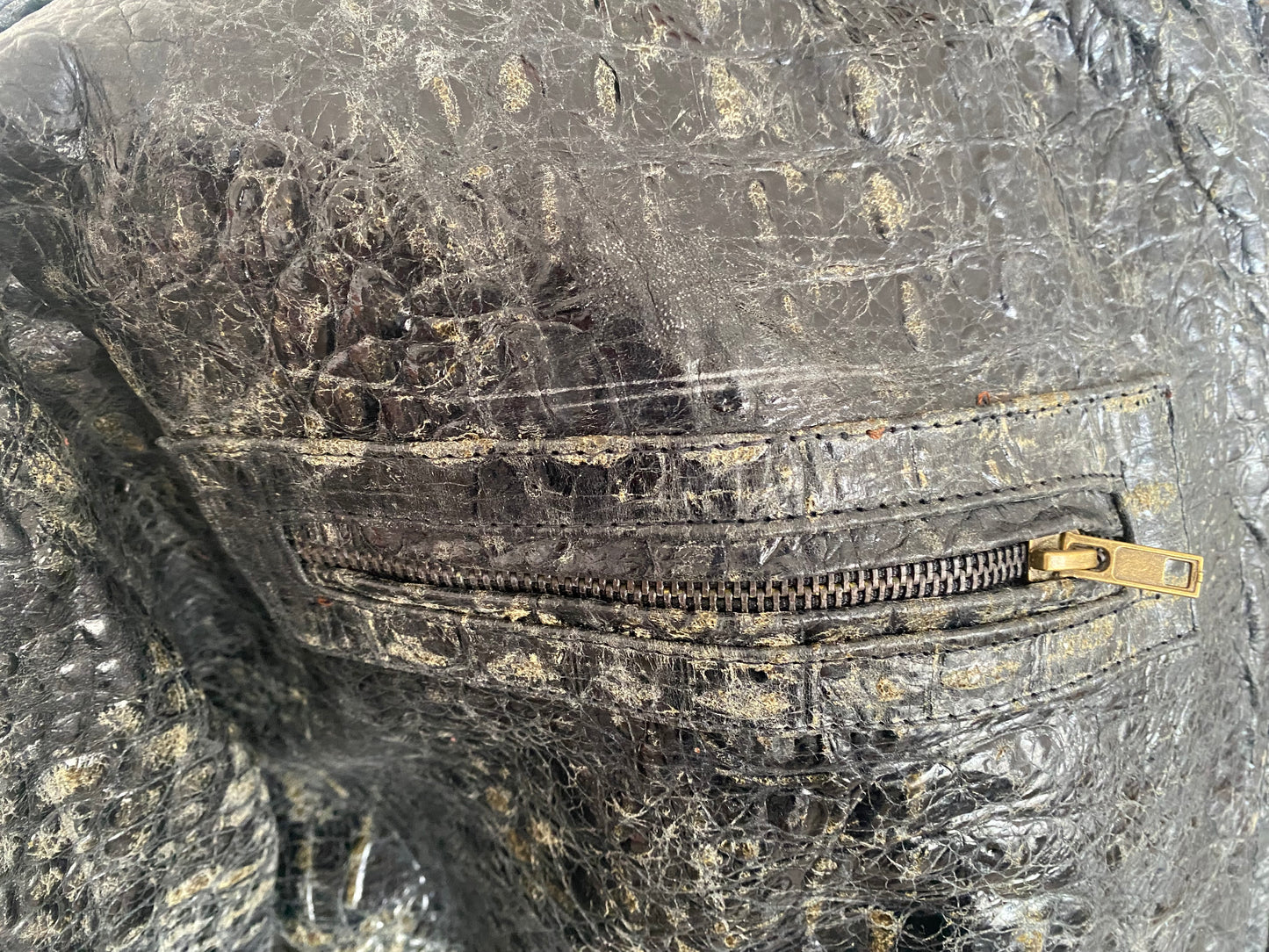 Crocodile Embossed Leather Jacket – Distressed Antique Finish, Vintage Bomber Style