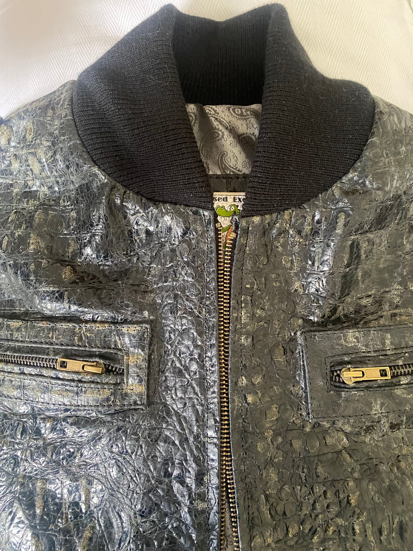 Crocodile Embossed Leather Jacket – Distressed Antique Finish, Vintage Bomber Style