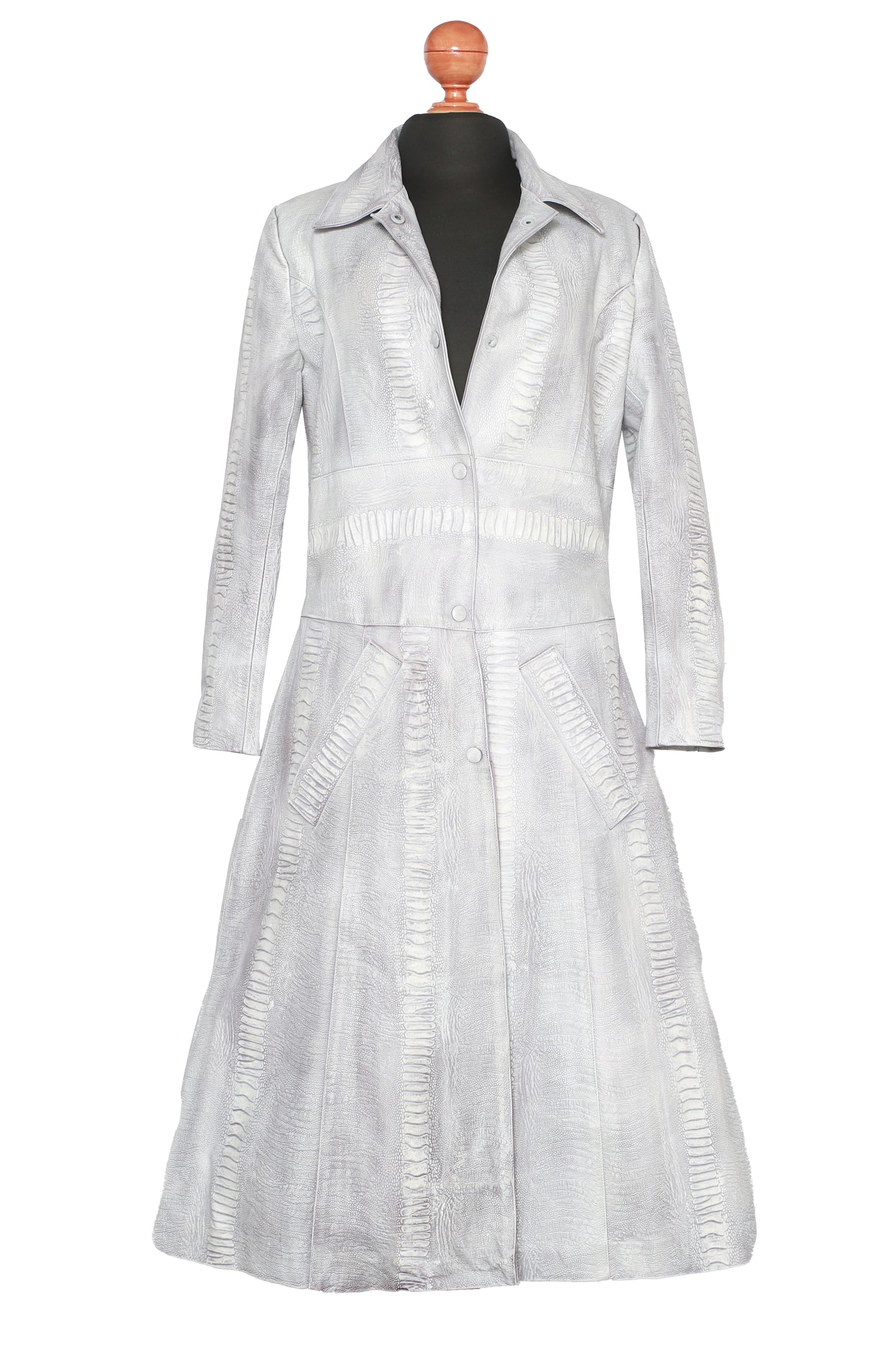 Fierce Grace Embossed Leather Overcoat – Exotic Ostrich Leg Long Coat in Icy White