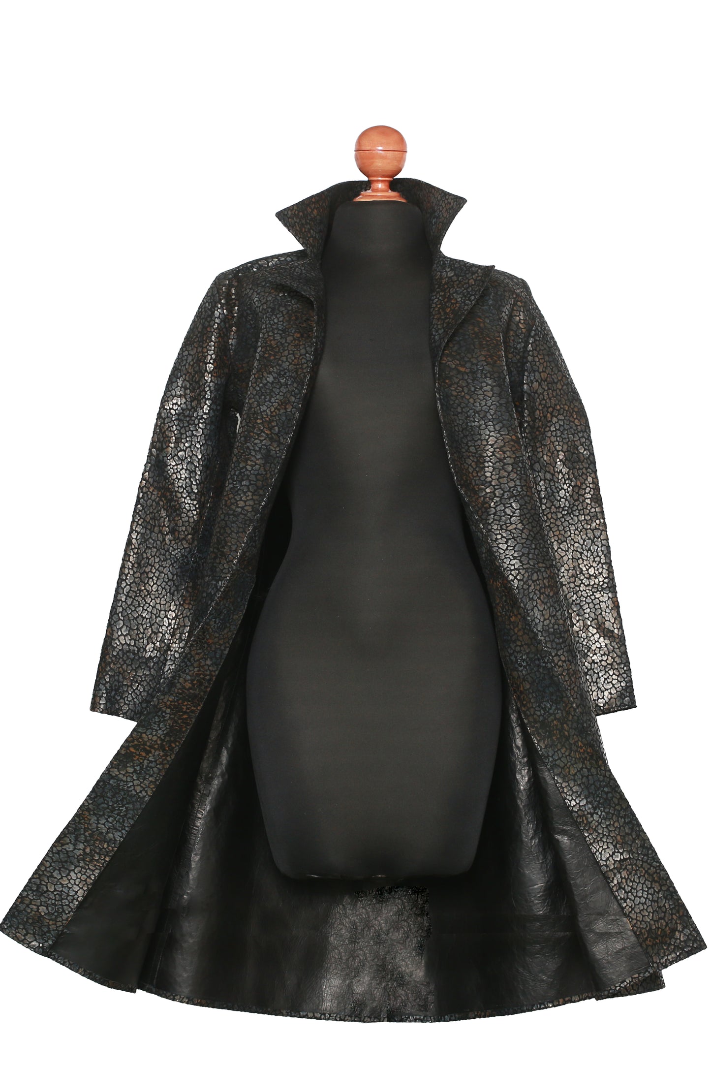 Black Jungle Texture Overcoat – Dark Animal Print Leather Statement Coat